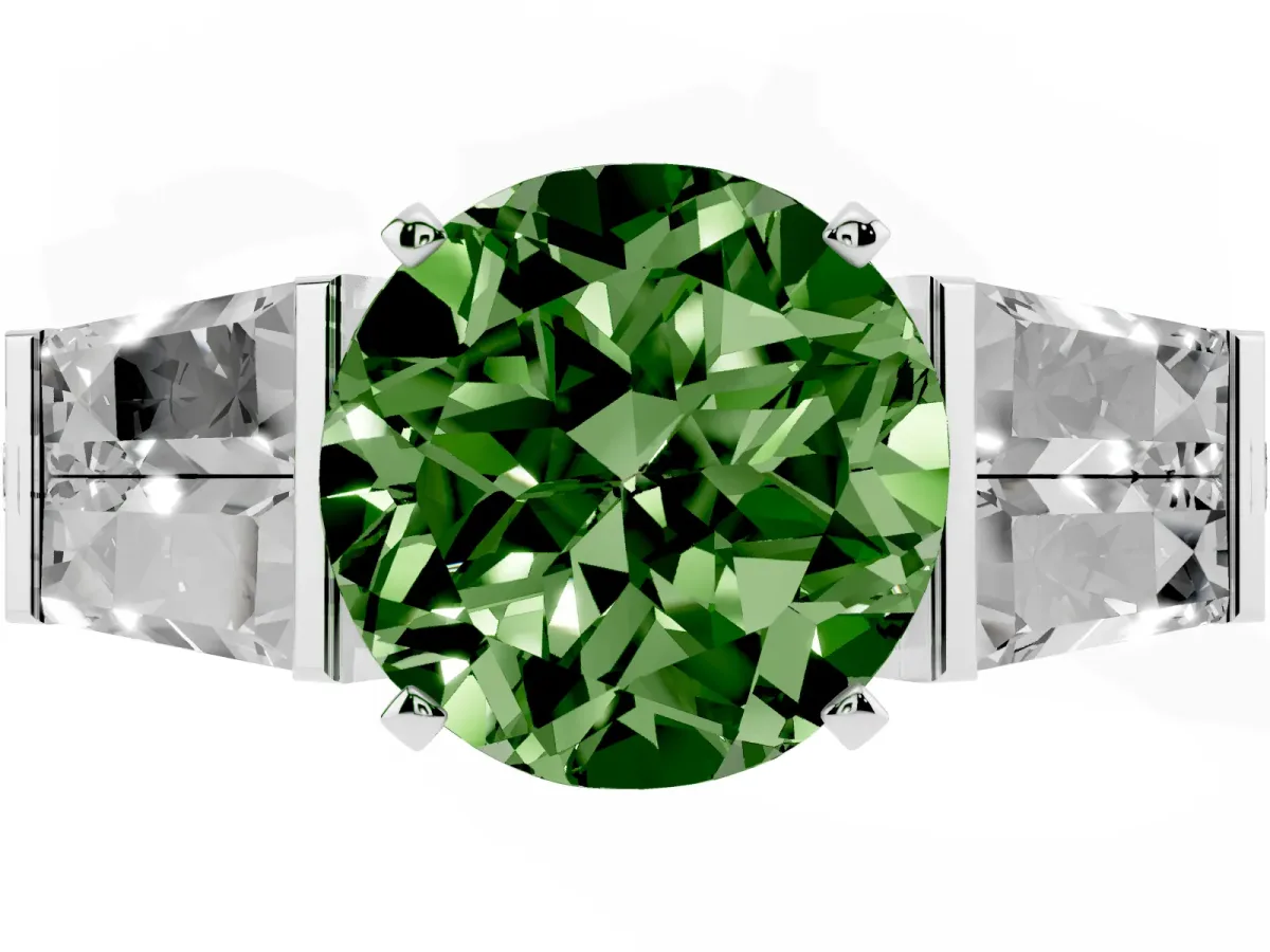 Fancy Green Round Cut Diamond Engagement Ring with Baguette Side Stones and Channel Set Band Silver