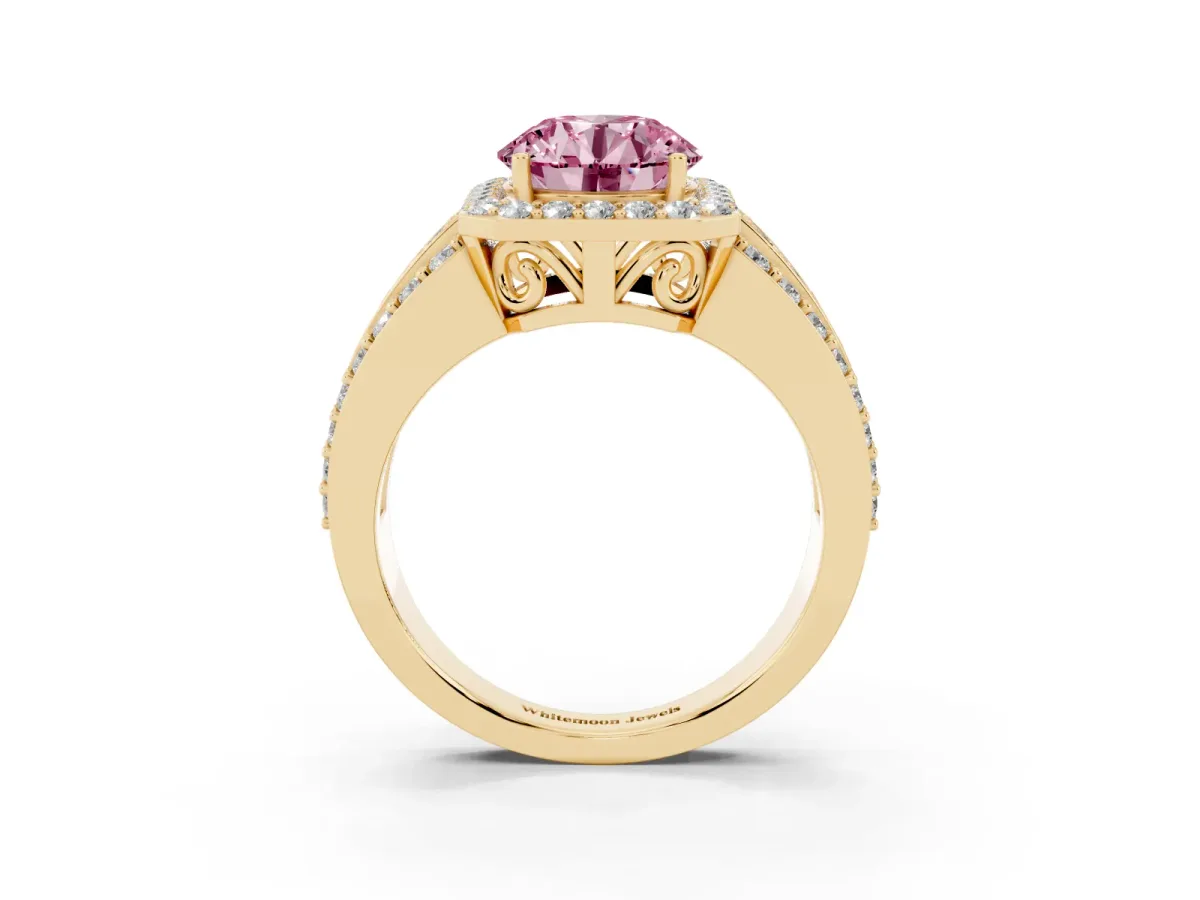 Fancy Pink Round Cut Halo Diamond Ring with Round Split Shank and Prong Setting Yellow gold