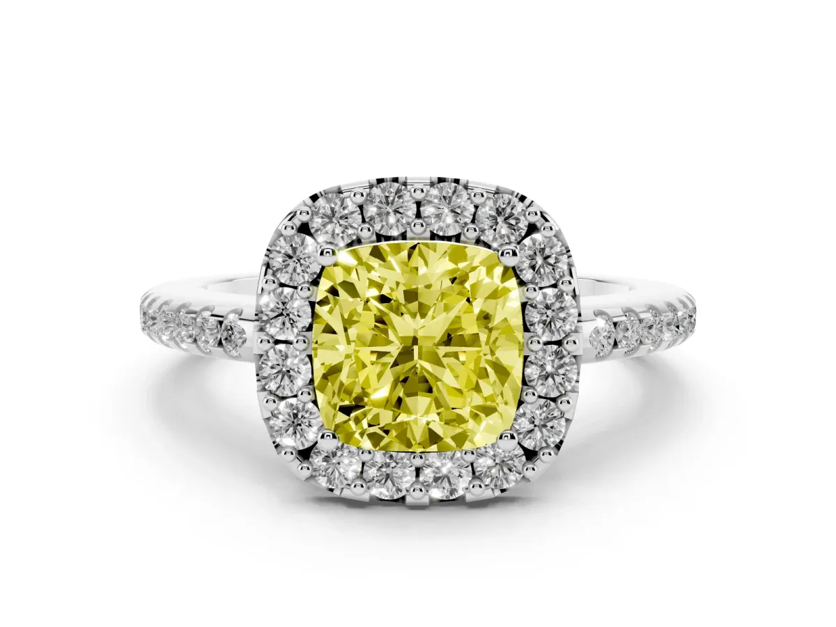 Fancy Yellow Cushion Cut Diamond Pavé Halo Ring with Four-Prong Setting Silver
