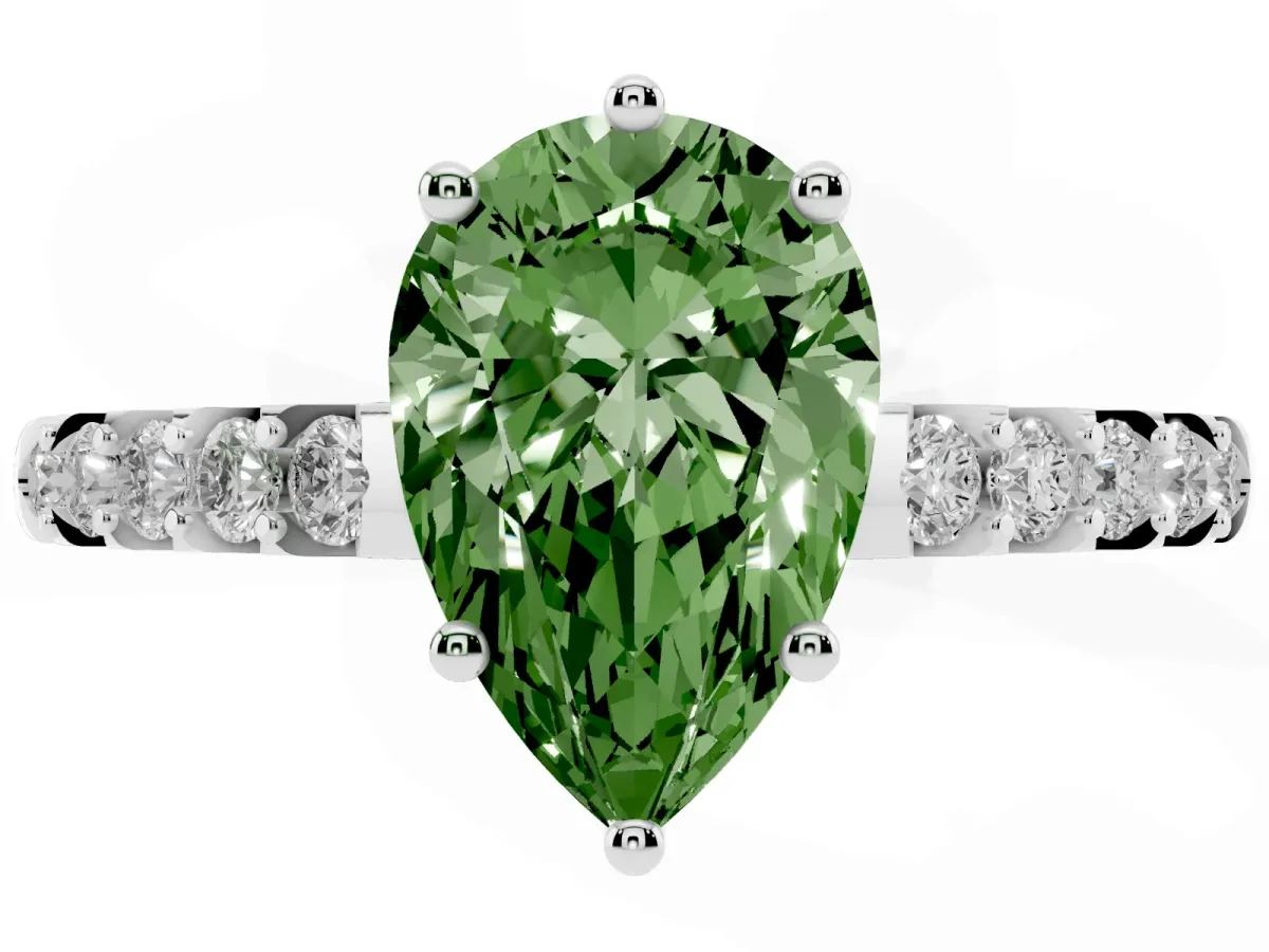 Fancy Green Pear Cut Solitaire Diamond Engagement Ring with Pavé Band and Six-Prong Setting Platinum