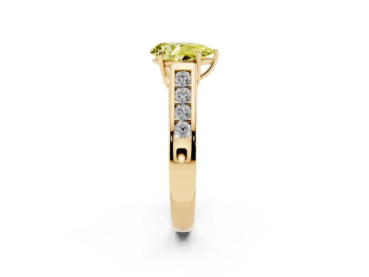 Fancy Yellow Pear Cut Brilliant Channel-Set Solitaire Ring with Four-Prong Setting Yellow gold