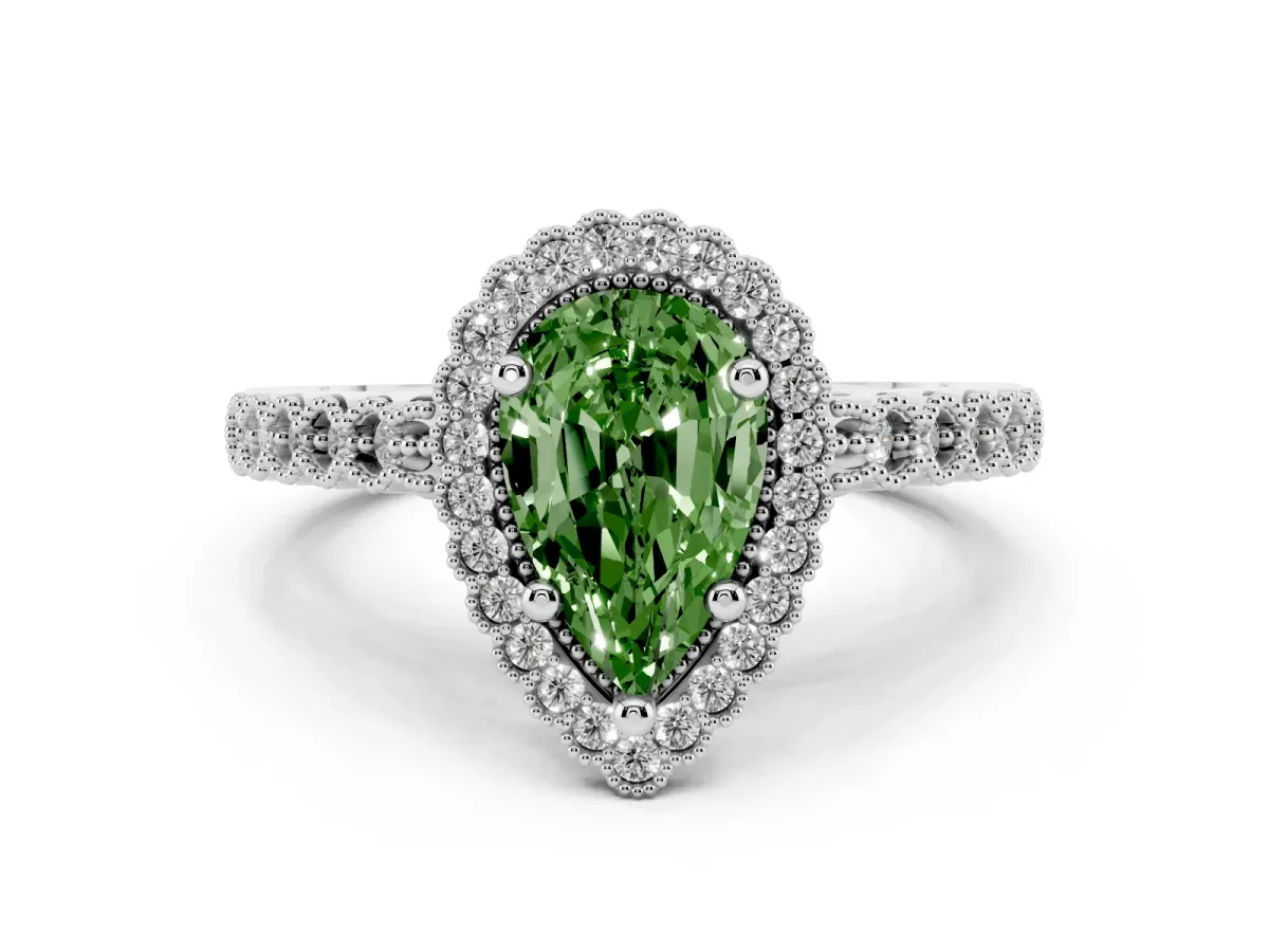 Fancy Green Pear Cut Cut Halo Pavé Solitaire Ring with Milgrain Band Silver