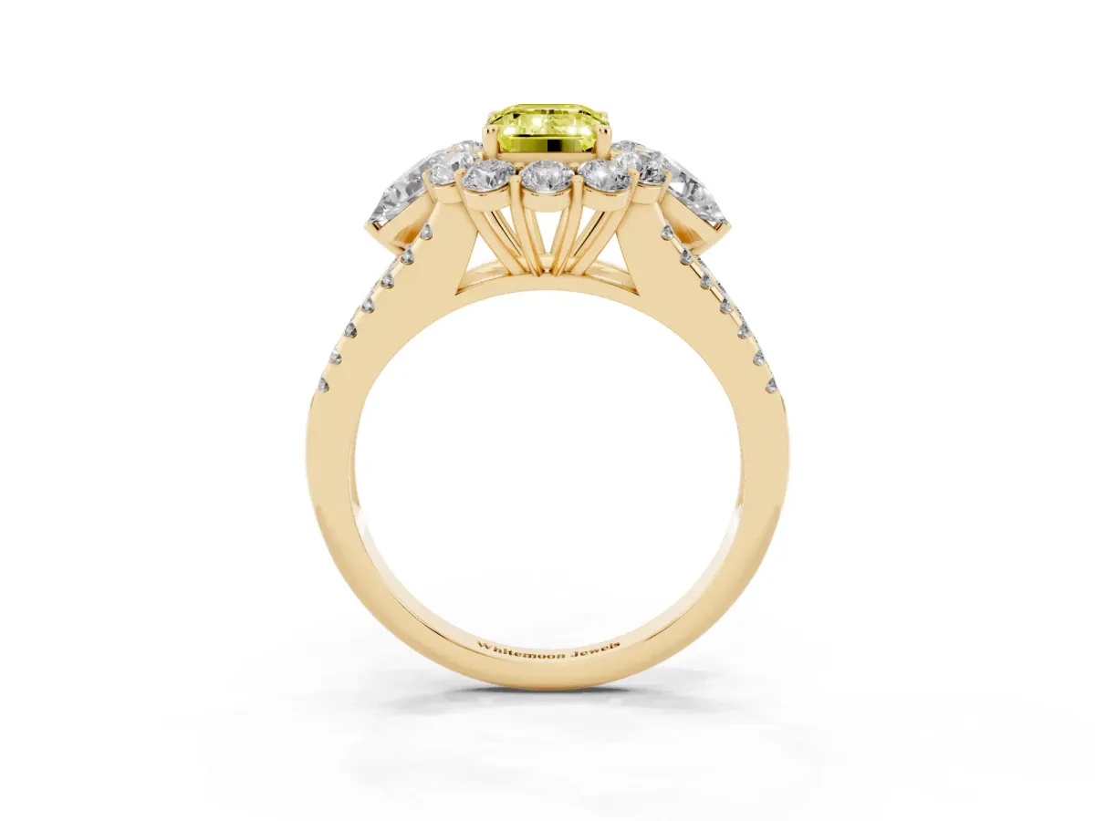 Fancy Yellow Emerald Cut Halo Split Shank Diamond Engagement Ring with Prong Setting Yellow gold