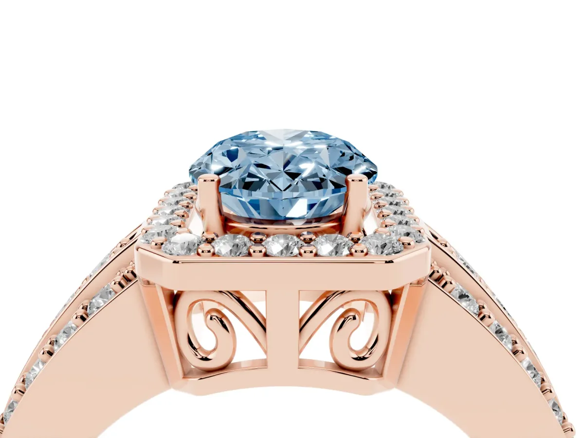 Fancy Blue Oval Cut Halo Diamond Ring with Round Split Shank and Prong Setting Rose gold