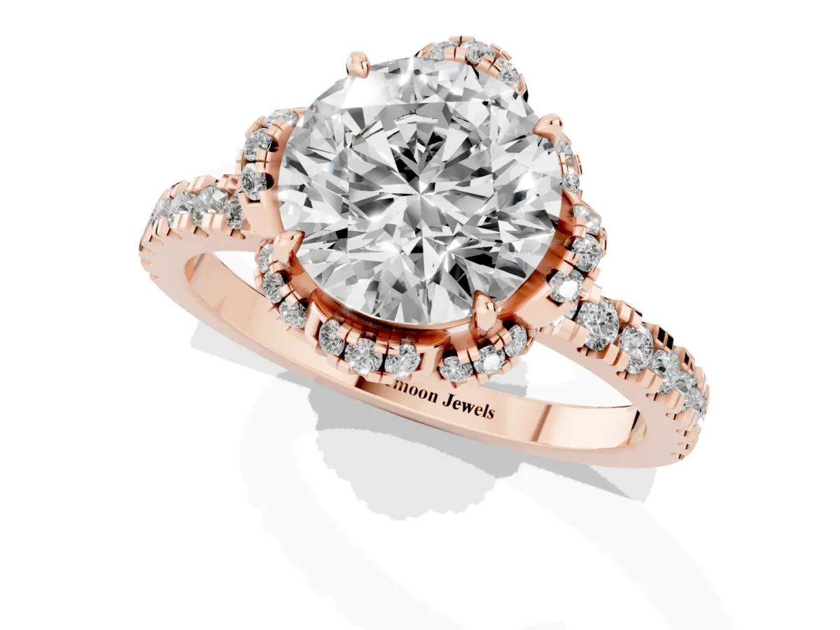 Round Cut Diamond Halo Pave Band with Four-Prong Setting Rose gold