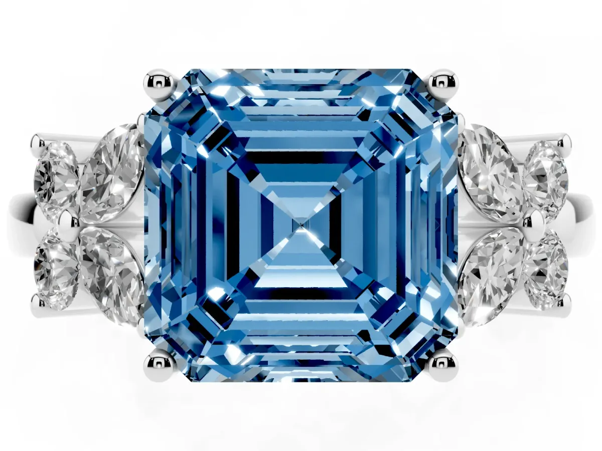 Fancy Blue Asscher Cut Diamond Floral Cluster Ring with Solitaire Band and Prong Setting Platinum