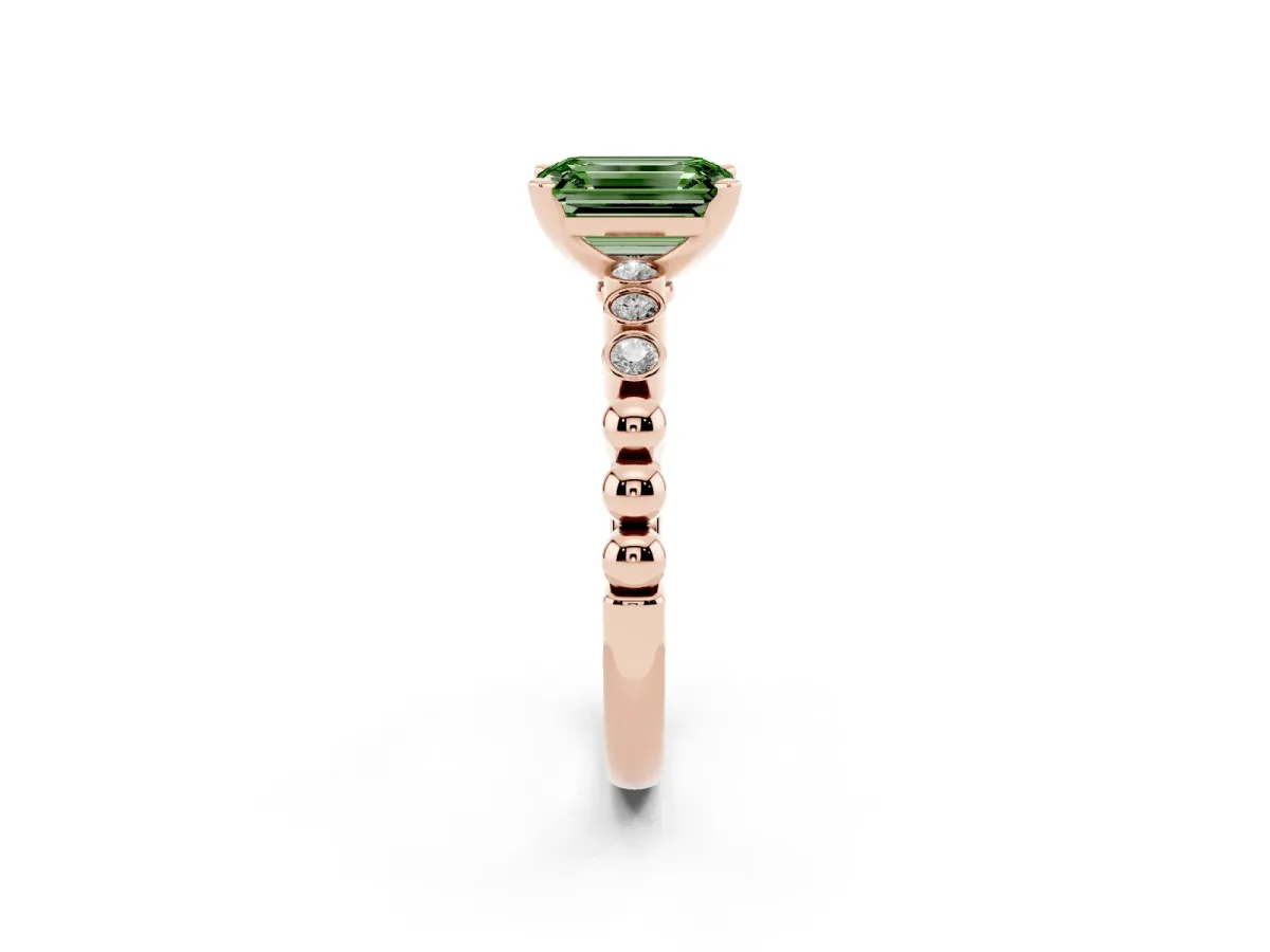 Fancy Green Emerald Cut Solitaire Bezel Accent Diamond Engagement Ring with Beaded Band and Four-Prong Setting Rose gold