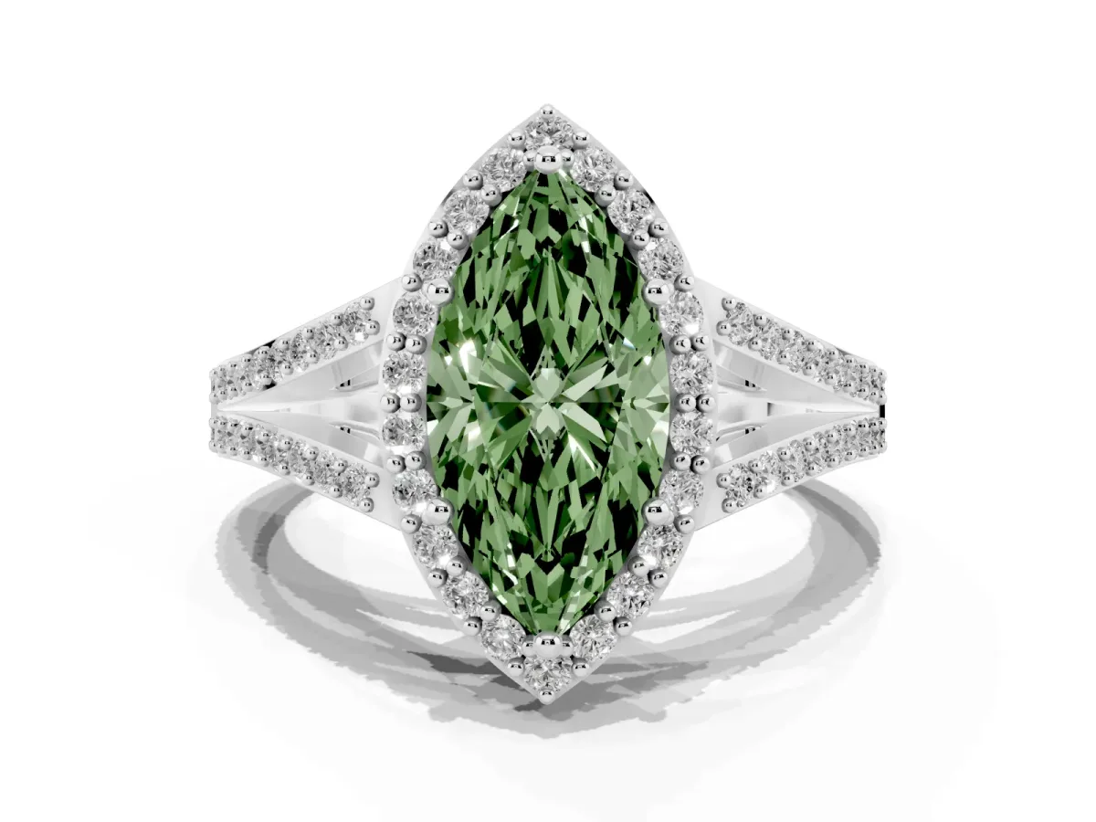 Fancy Green Marquise Cut Halo Split Shank Pave Diamond Ring with Four-Prong Setting Platinum