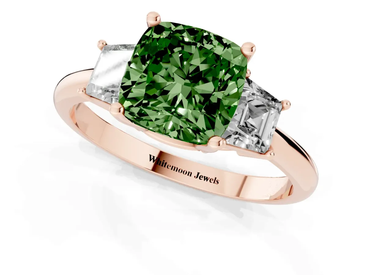 Fancy Green Cushion Cut Diamond Three-Stone Ring with Trapezoid Side Stones and Prong Setting Rose gold