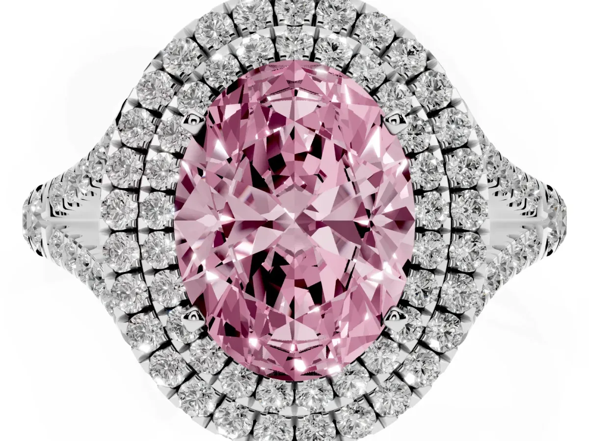 Fancy Pink Double Halo Oval Cut Diamond Split Shank Engagement Ring with Four-Prong Setting Silver