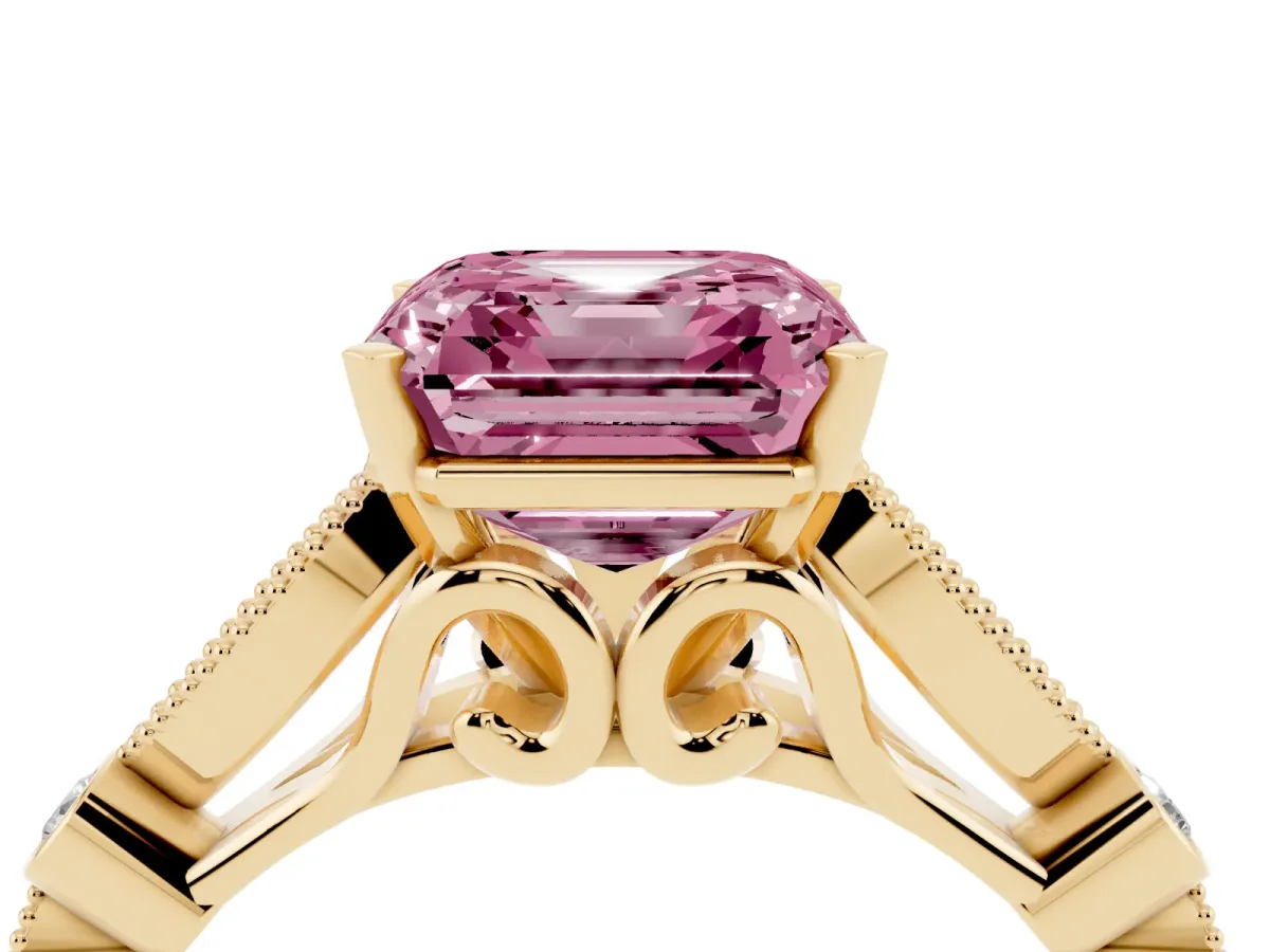 Fancy Pink Asscher Cut Cut Diamond with Milgrain Marquise and Bezel Accents on a Solitaire Band with Prong Setting Yellow gold