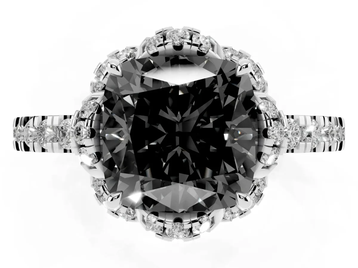 Fancy Black Cushion Cut Diamond Halo Pave Band with Four-Prong Setting Platinum