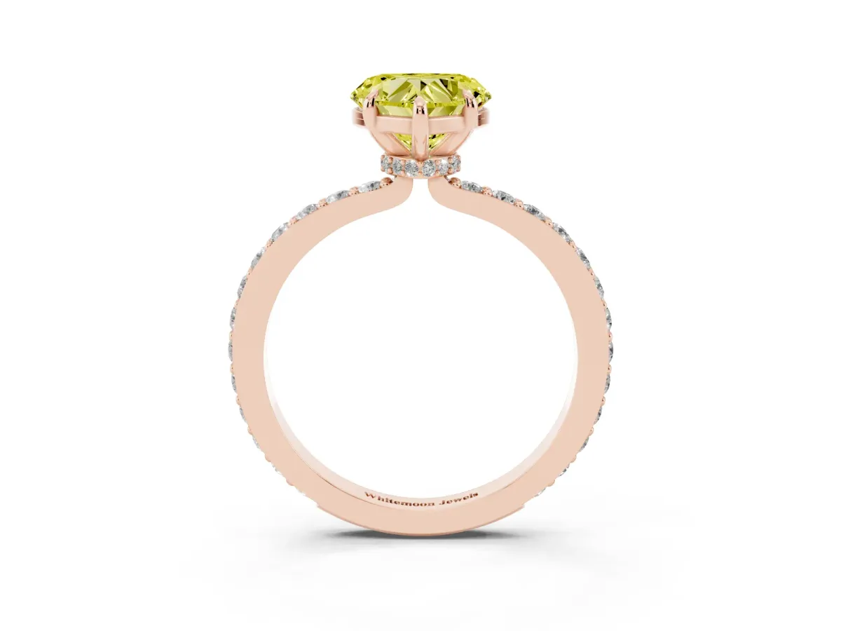 Fancy Yellow Heart Cut Diamond Pavé Engagement Ring with Round Accents and Prong Setting Rose gold