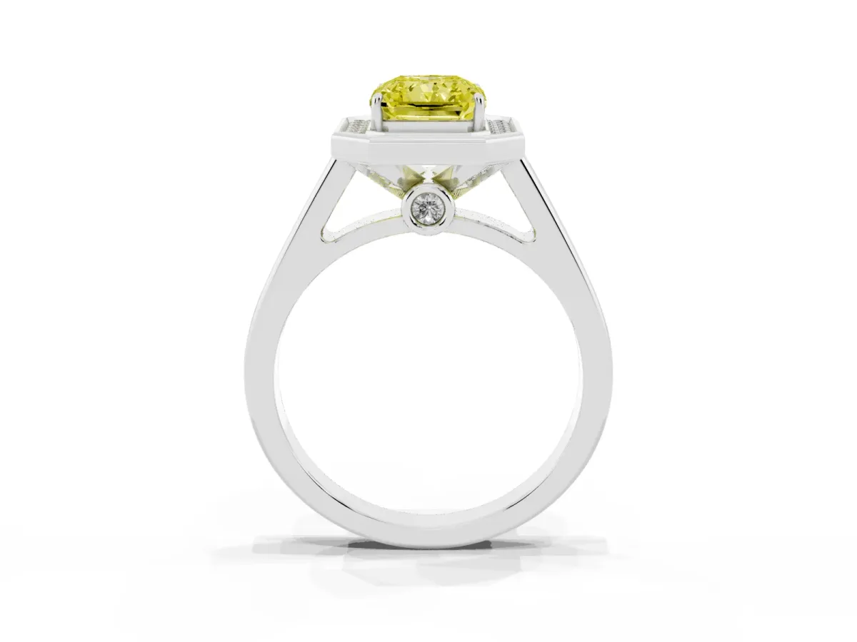 Fancy Yellow Emerald Cut Halo Solitaire Diamond Ring with Pave Band and Bezel Setting Silver