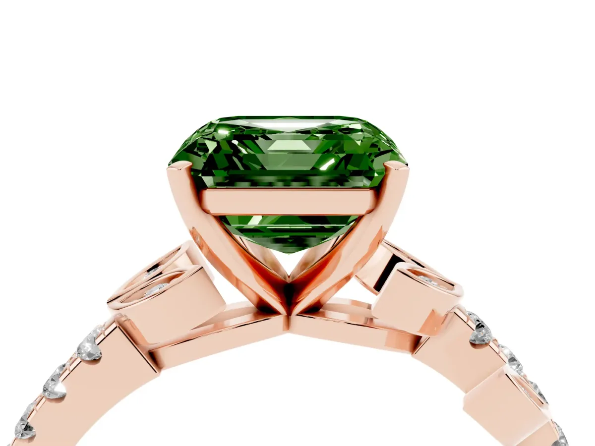 Fancy Green Asscher Cut Solitaire Leaf-Inspired Diamond Ring with Pavé Band and Four-Prong Setting Rose gold