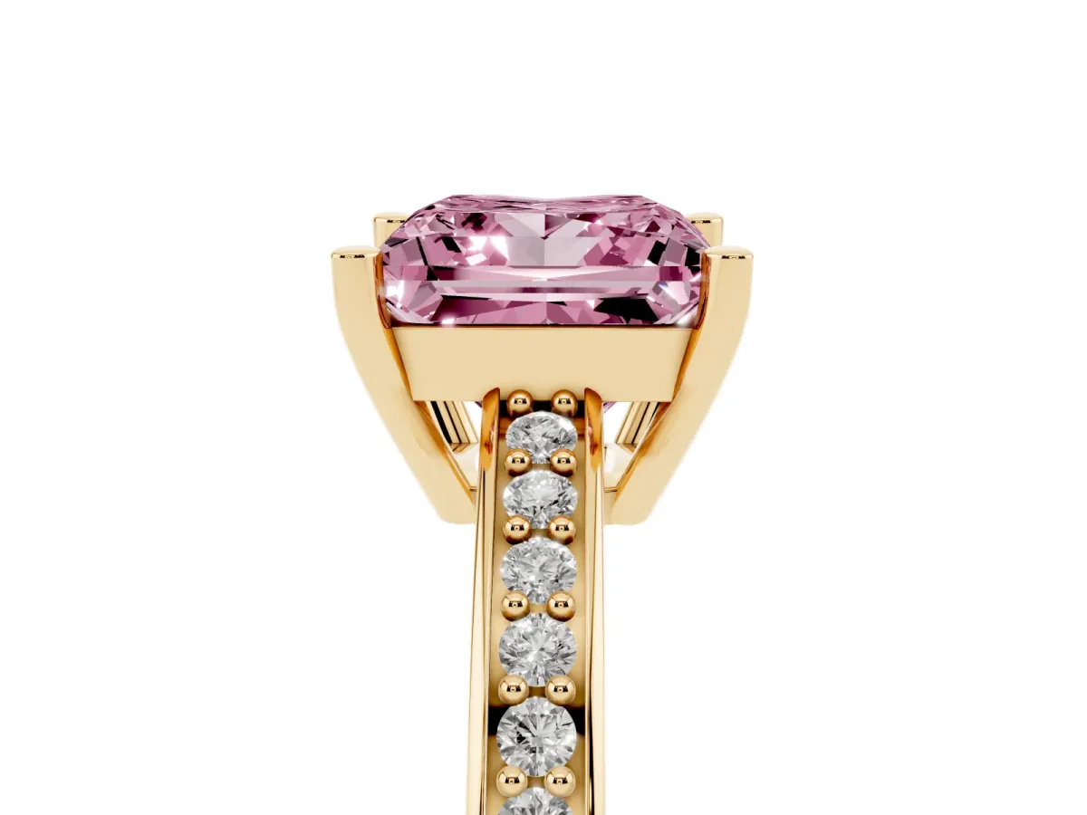 Fancy Pink Princess Cut Solitaire Pavé Band Prong Setting Ring Yellow gold