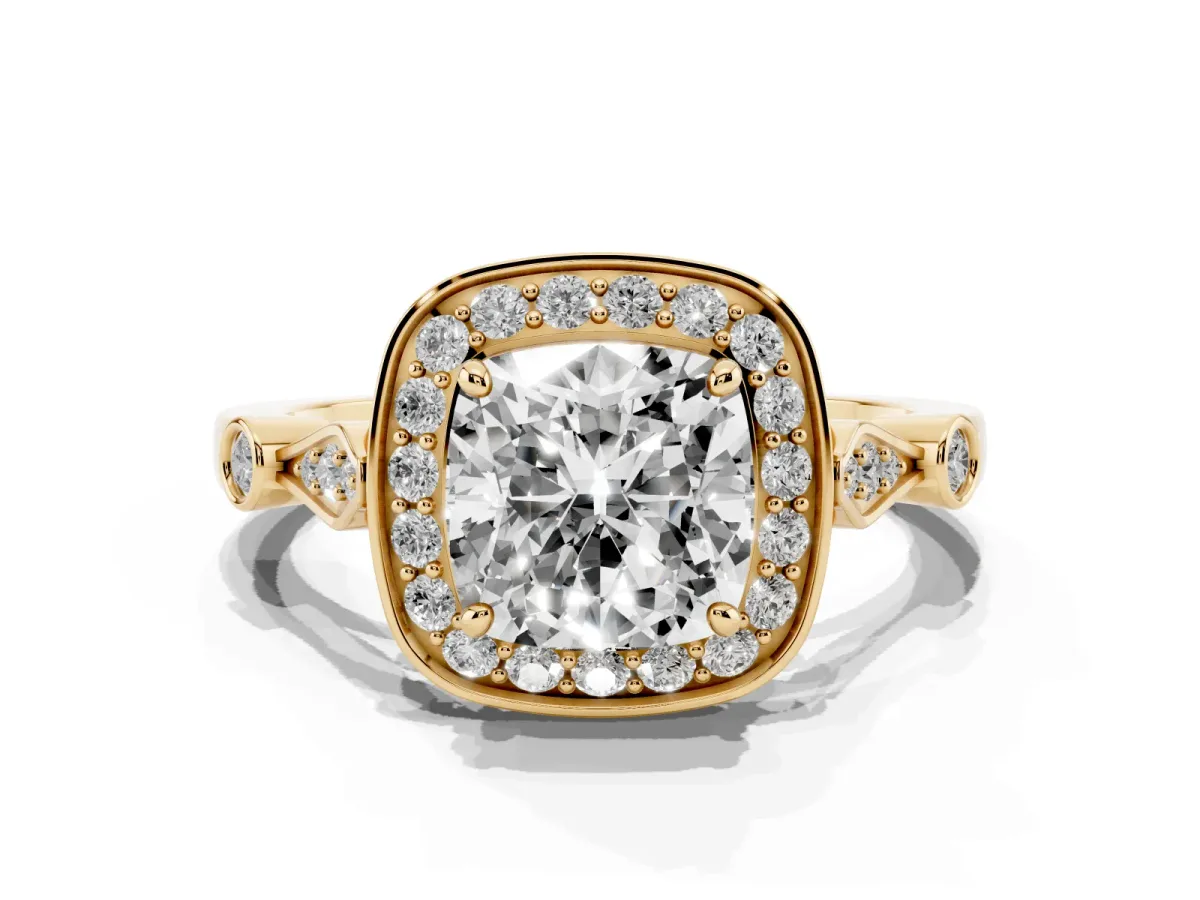 Cushion Cut Halo Diamond Engagement Ring with Twisted Band and Four-Prong Setting Yellow gold