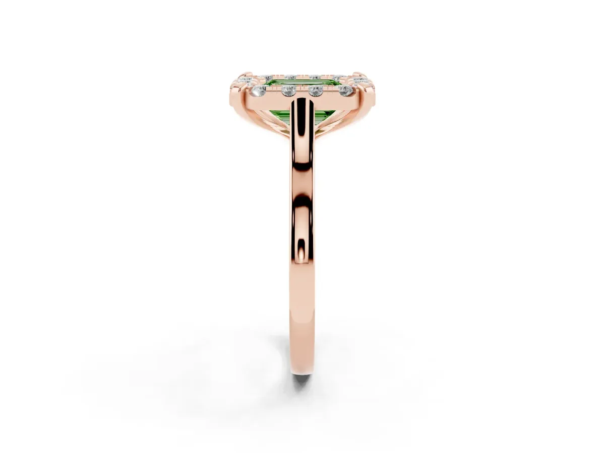 Fancy Green Emerald Cut Diamond Cluster Halo Solitaire with Four-Prong Setting Rose gold