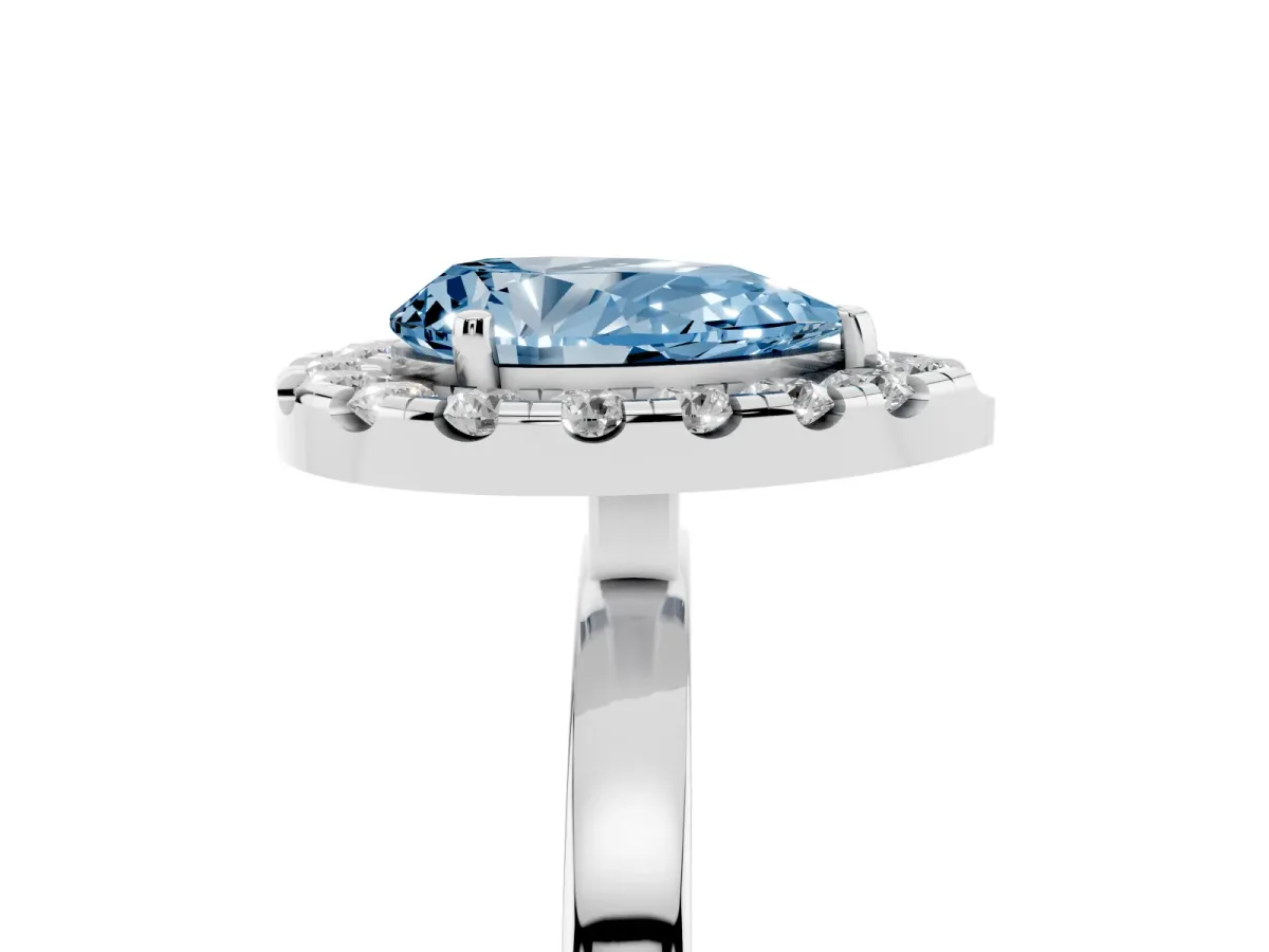 Fancy Blue Pear Cut Halo Diamond Solitaire with Pavé Band and Four-Prong Setting Silver