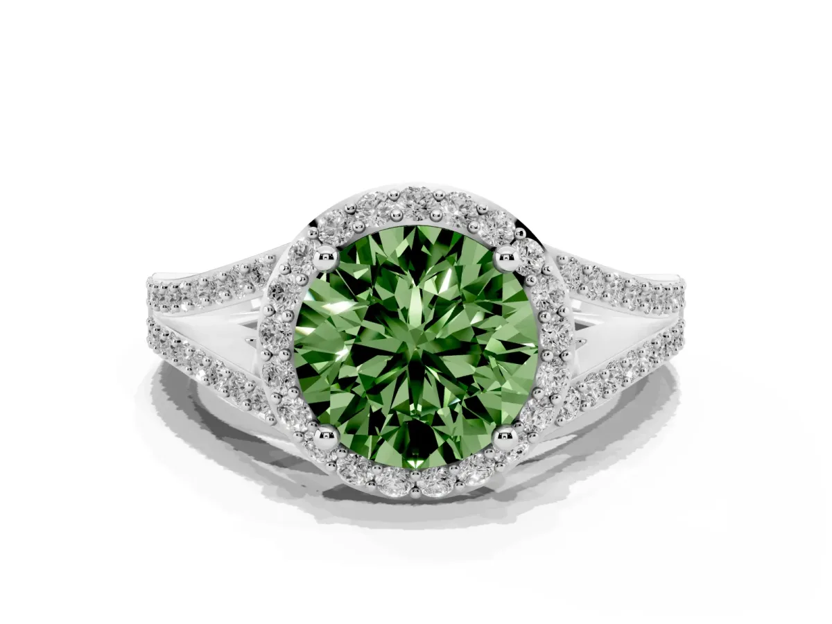 Fancy Green Round Cut Halo Split Shank Diamond Ring with Prong Setting Silver