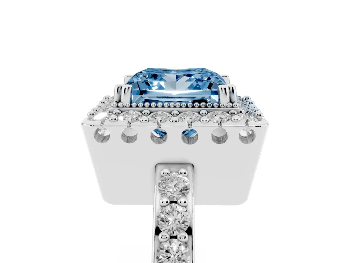 Fancy Blue Princess Cut Diamond Halo Ring with Pavé Band and Prong Setting White gold