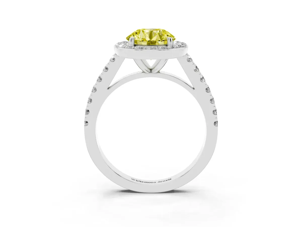 Fancy Yellow Round Cut Diamond Halo Ring with Round Pavé Split Shank and Prong Setting Silver