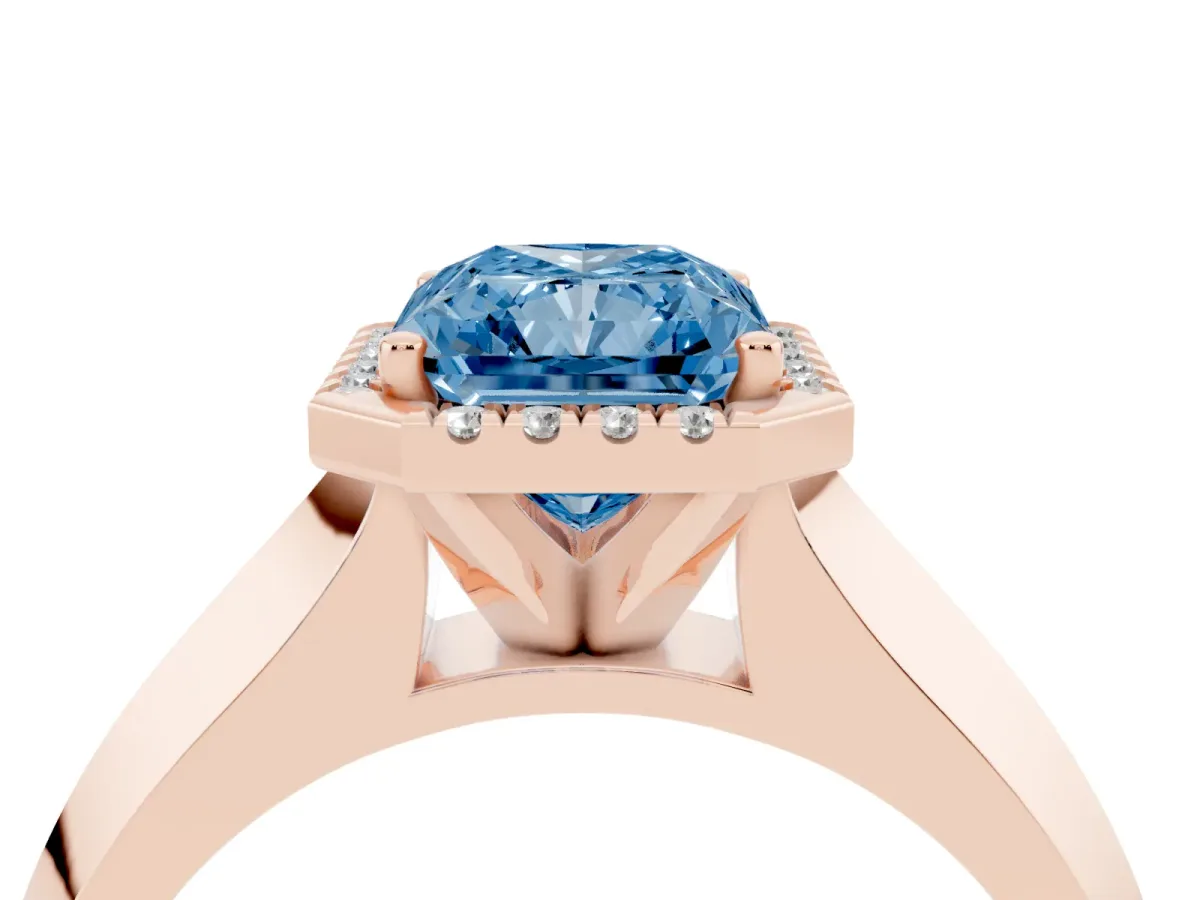 Fancy Blue Radiant Cut Halo Diamond Ring with Cathedral Band and Four-Prong Setting Rose gold