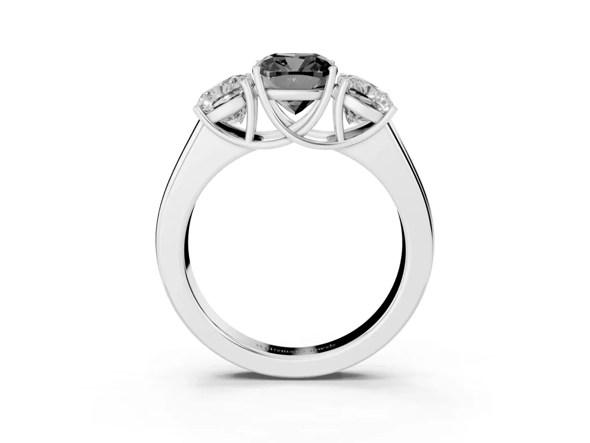 Fancy Black Three-Stone Cushion Cut Cut Diamond Ring with Prong Setting and Classic Band Platinum