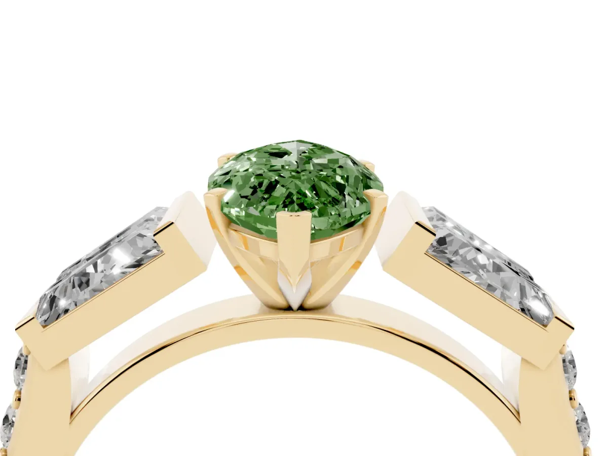 Fancy Green Marquise Cut Diamond Engagement Ring with Baguette Side Stones and Channel Set Band Yellow gold