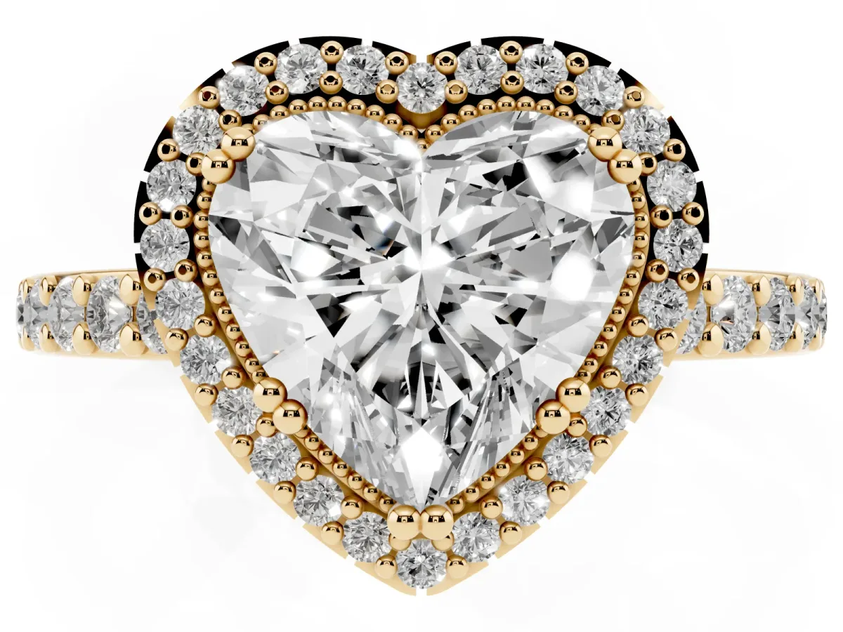 Heart Cut Cut Diamond Halo Engagement Ring with Milgrain Detail and Pavé Band Yellow gold