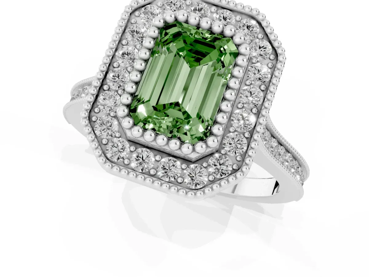 Fancy Green Emerald Cut Diamond Halo Ring with Milgrain Frame and Pavé Band Silver
