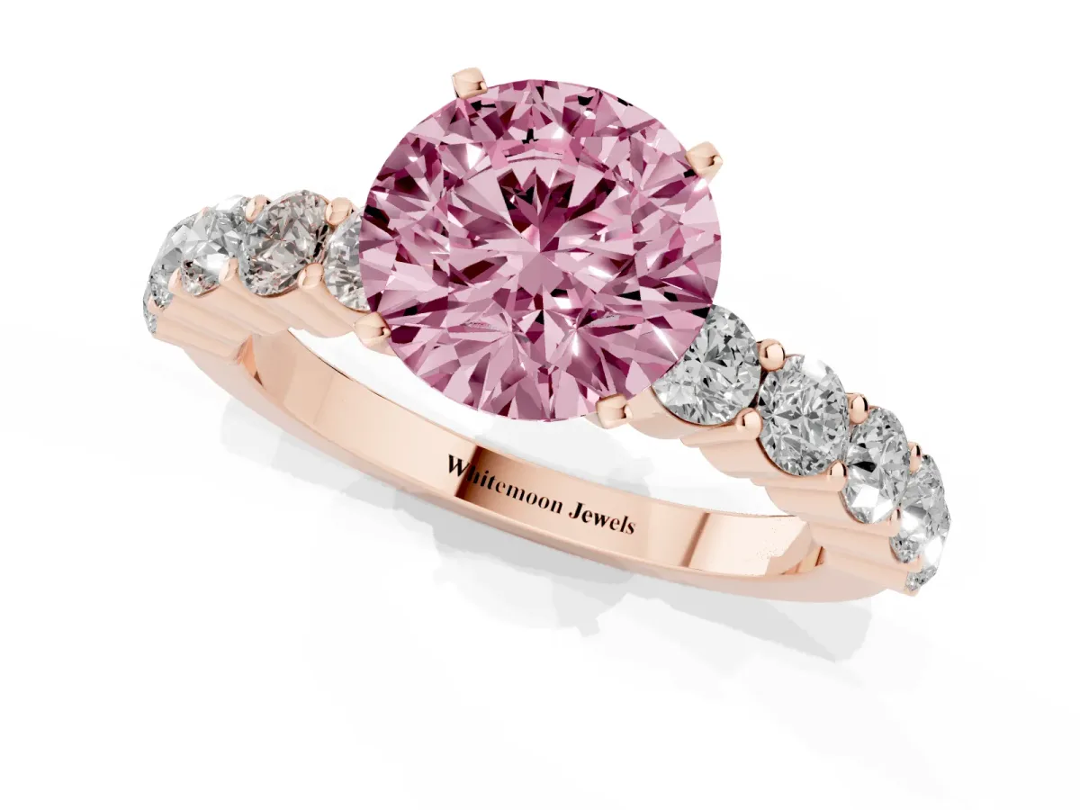 Fancy Pink Round Cut Diamond Solitaire Ring with Shared Prong Round Side Stones Rose gold