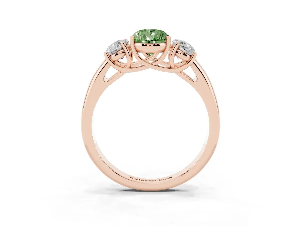 Fancy Green Three-Stone Pear Cut Diamond Engagement Ring with Prong Setting Rose gold