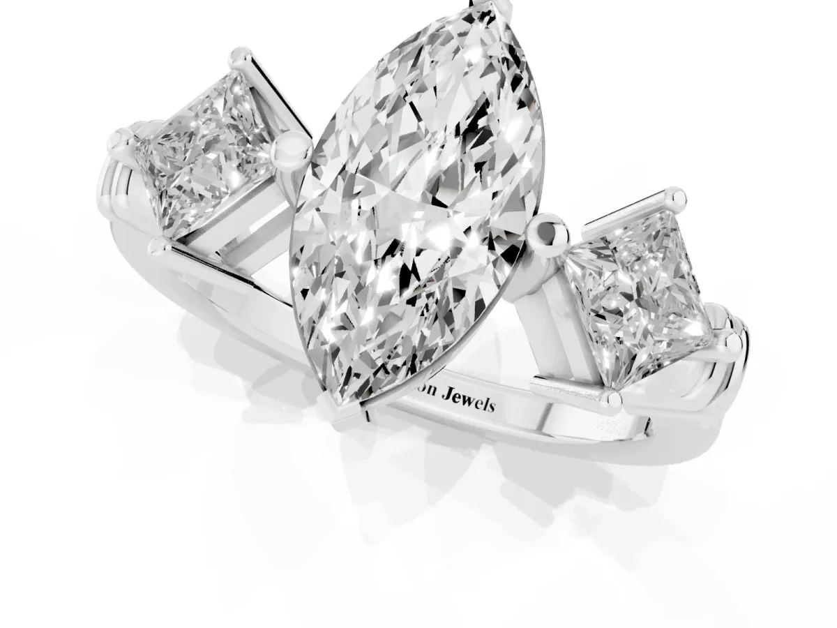 Three-Stone Marquise Cut and Princess Cut Diamond Ring with Channel Band and Four-Prong Setting White gold