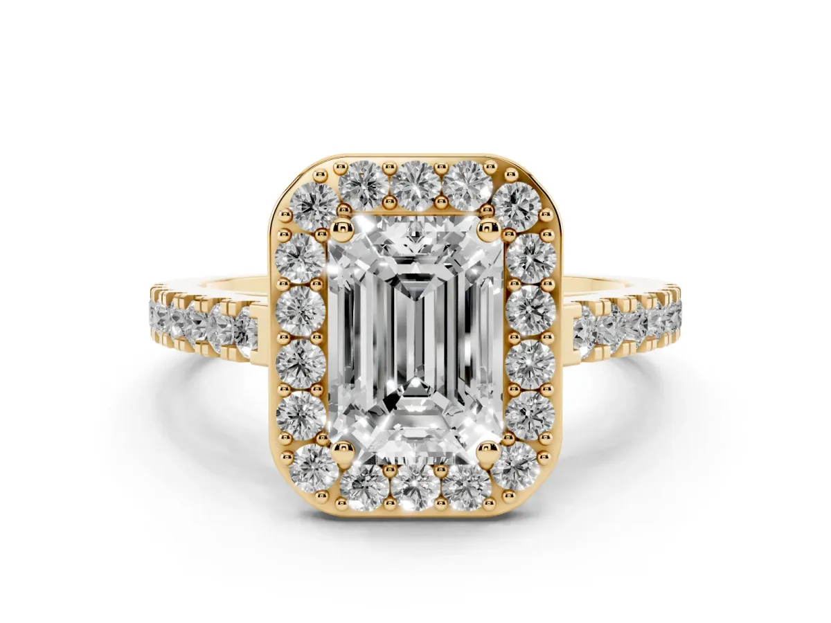 Emerald Cut Diamond Halo Ring with Round Pavé Split Shank and Prong Setting Yellow gold