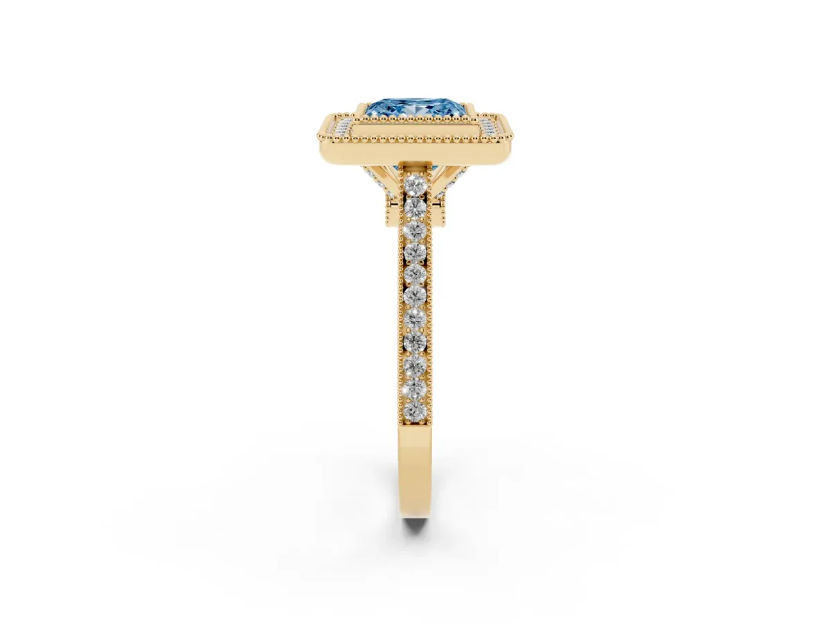 Fancy Blue Princess Cut Diamond Halo Ring with Milgrain Frame and Pavé Band Yellow gold