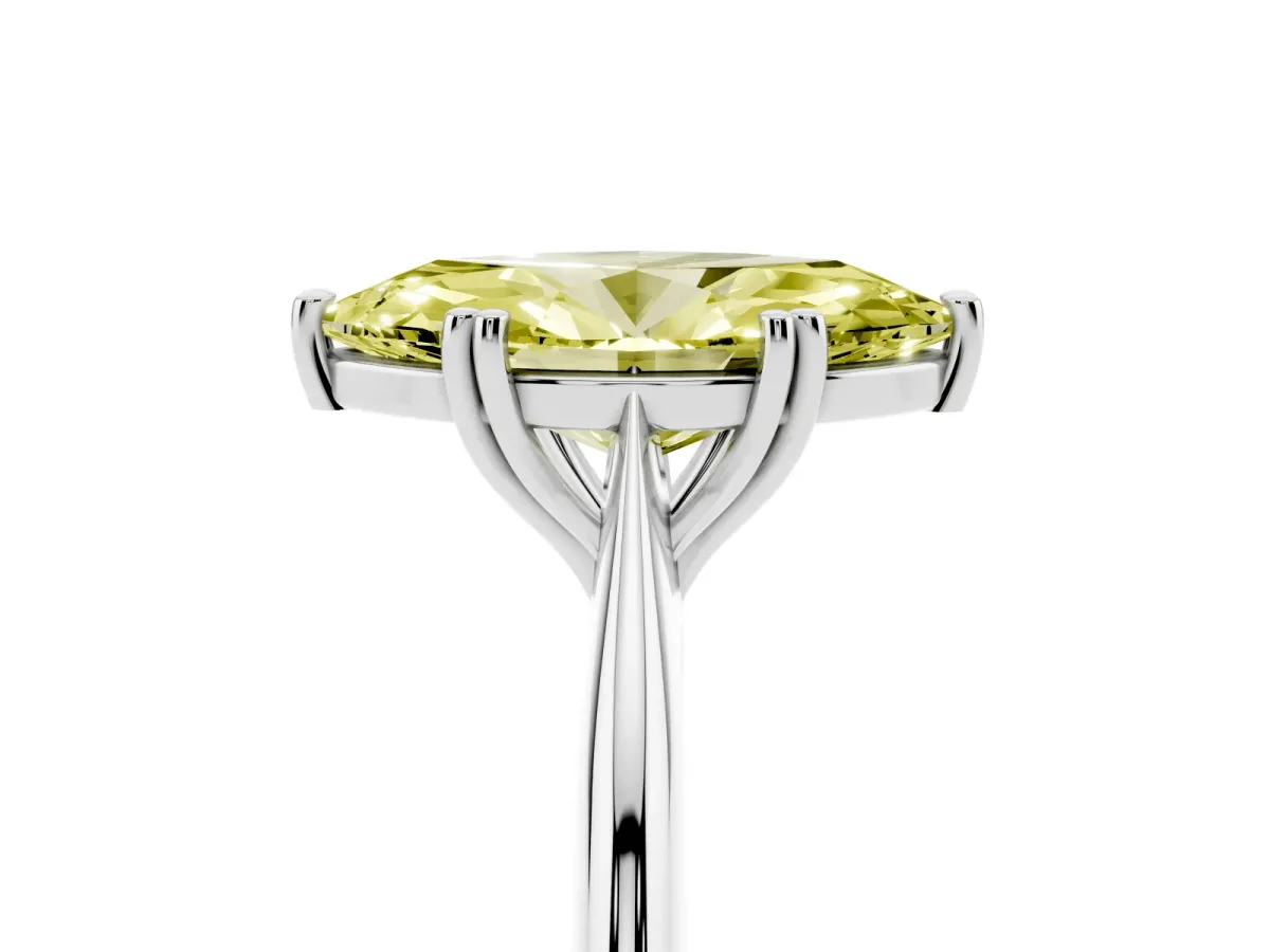 Fancy Yellow Marquise Cut Solitaire Diamond Ring with Six-Prong Setting and Classic Band Platinum