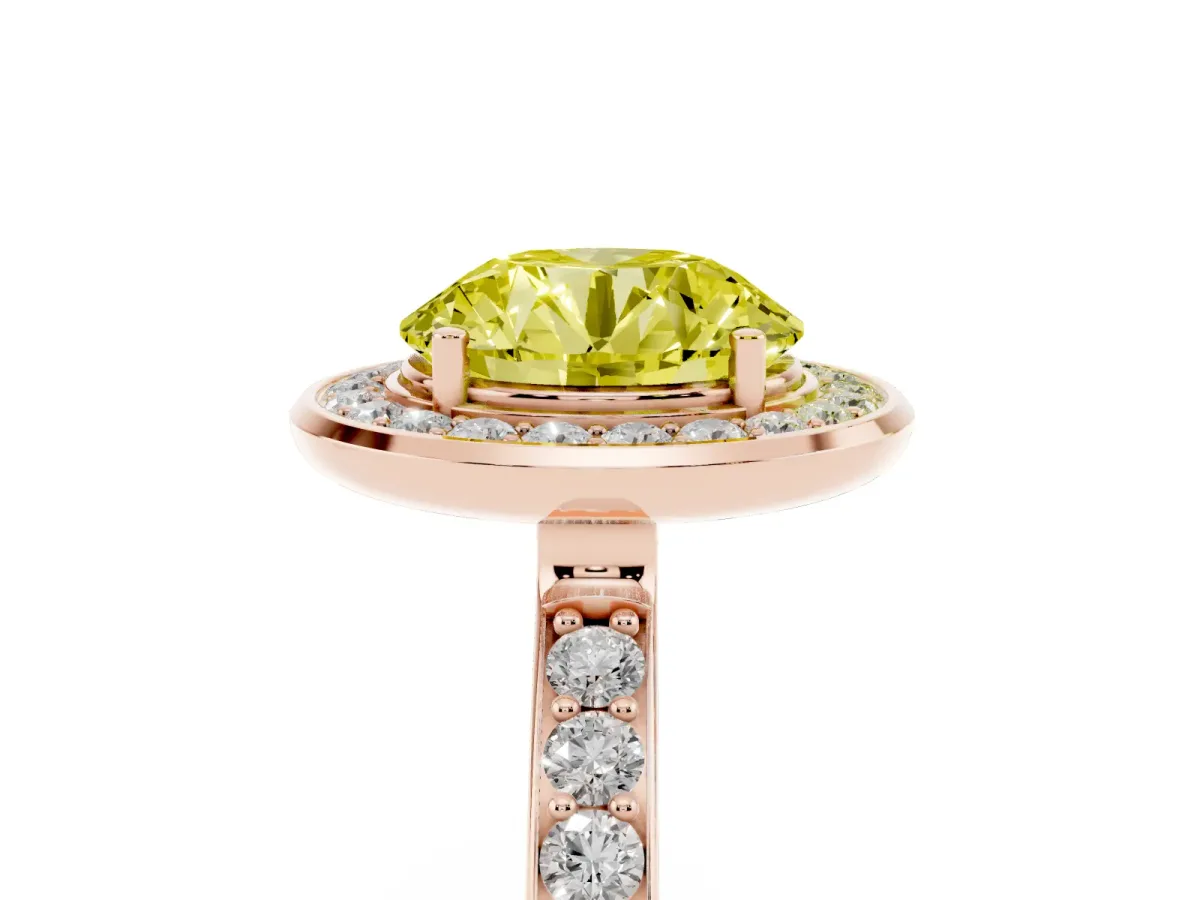 Fancy Yellow Round Cut Diamond Halo Ring with Bezel Frame and Pavé Band Rose gold