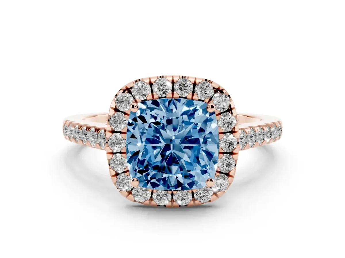 Fancy Blue Cushion Cut Halo Pave Diamond Engagement Ring with Four-Prong Setting Rose gold
