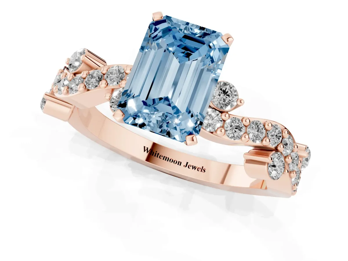 Fancy Blue Emerald Cut Cut Solitaire Diamond Twisted Band with Pave Setting Rose gold
