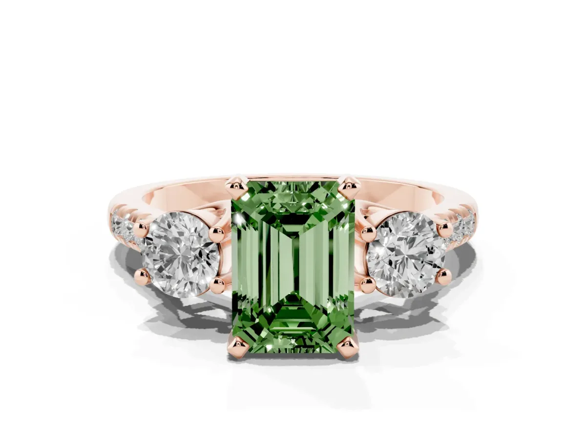 Fancy Green Three-Stone Emerald Cut Diamond Pavé Band with Four-Prong Setting Rose gold