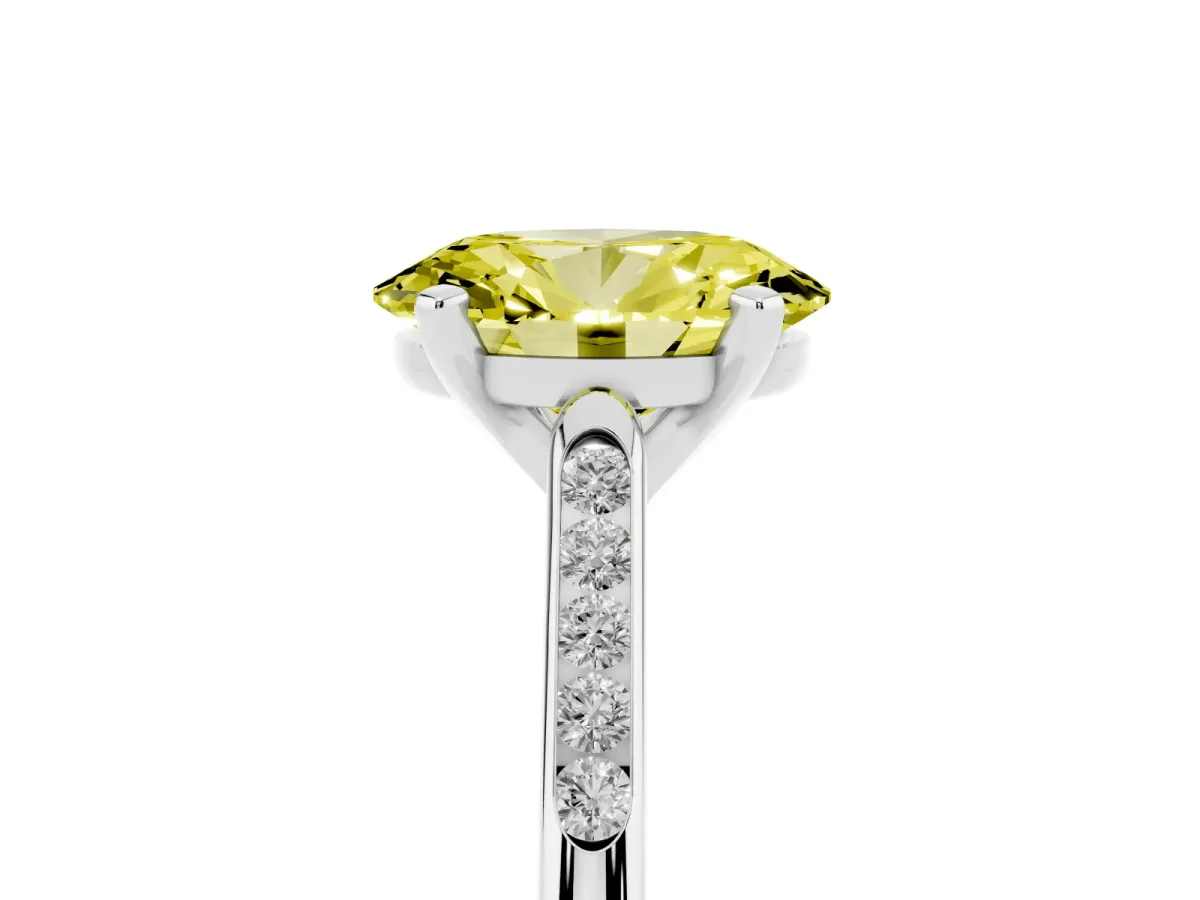Fancy Yellow Oval Cut Diamond Solitaire Ring with Channel Set Round Band and Prong Setting Silver