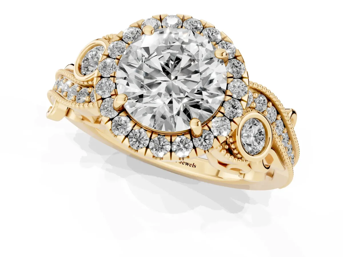 Round Cut Diamond Halo Ring with Milgrain Pavé Band and Four-Prong Setting Yellow gold