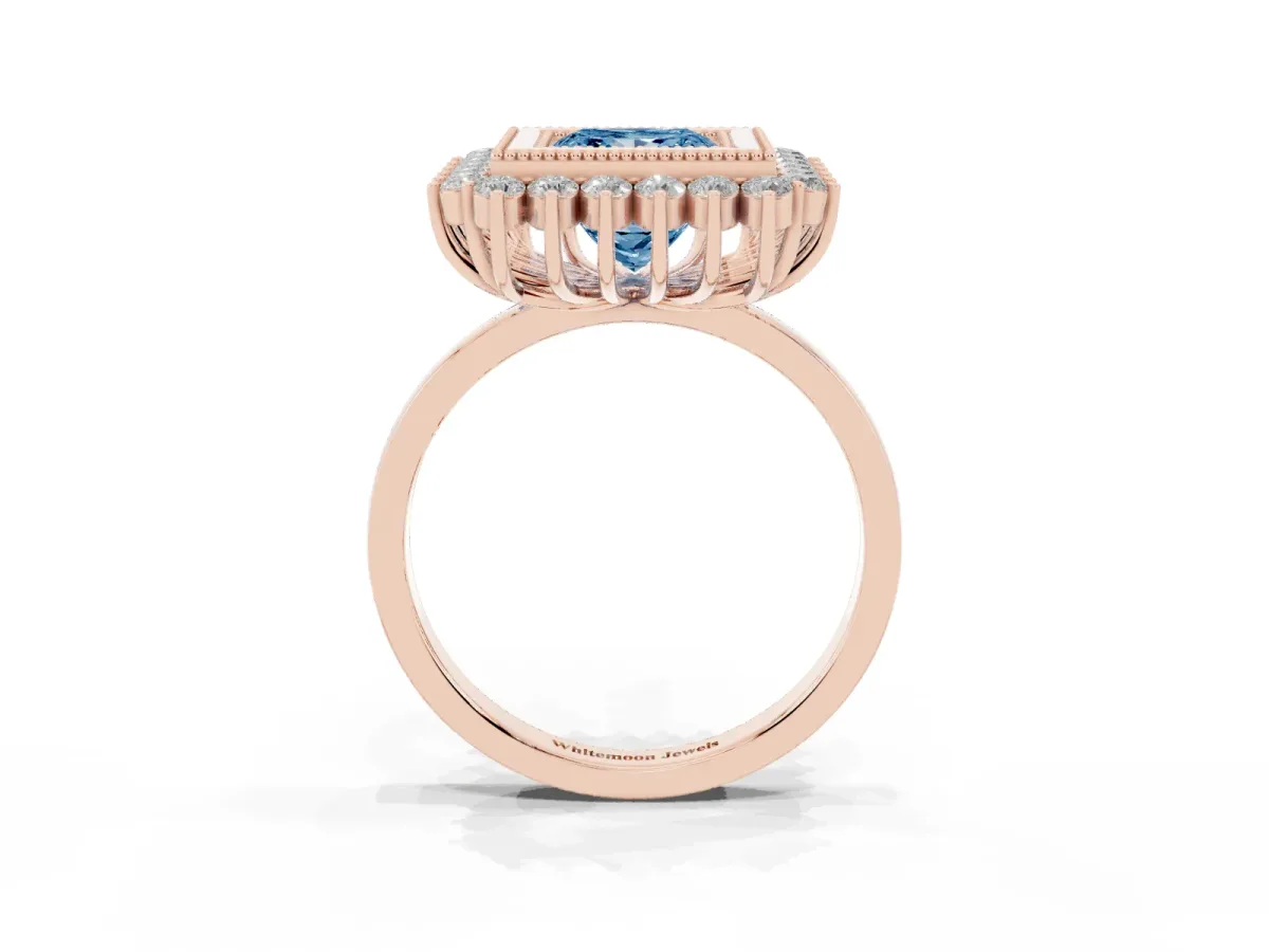 Fancy Blue Princess Cut Halo Diamond Ring with Milgrain Edge and Round Prong Setting Rose gold