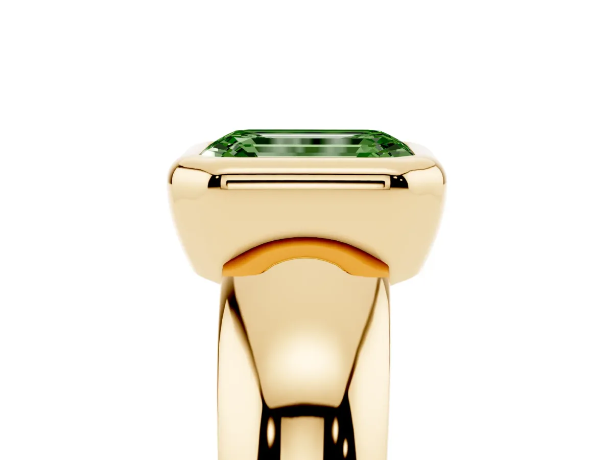 Fancy Green Bezel Set Emerald Cut Solitaire Ring with Wide Band Yellow gold