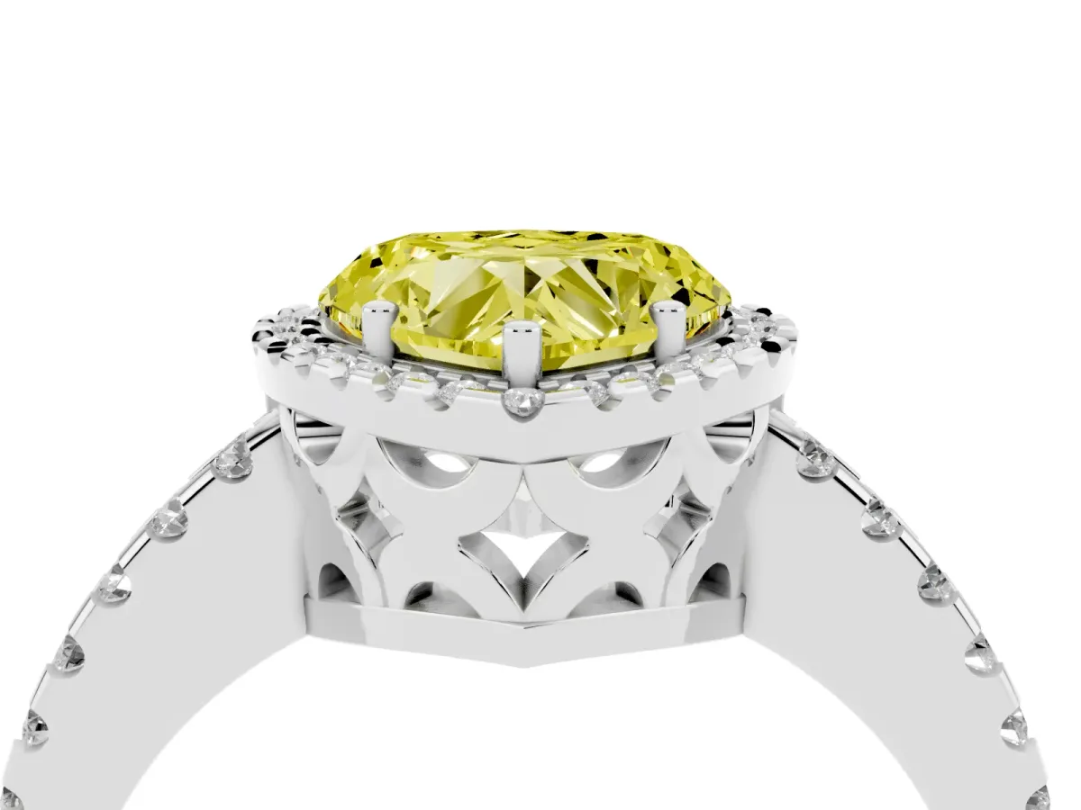 Fancy Yellow Heart Cut Diamond Halo Engagement Ring with Pavé Band and Prong Setting White gold
