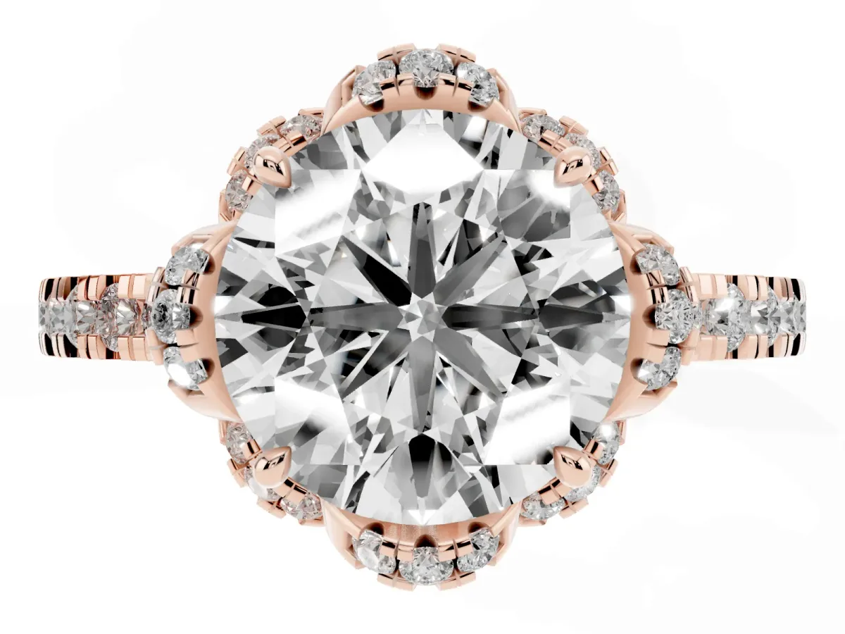 Round Cut Diamond Halo Pave Band with Four-Prong Setting Rose gold