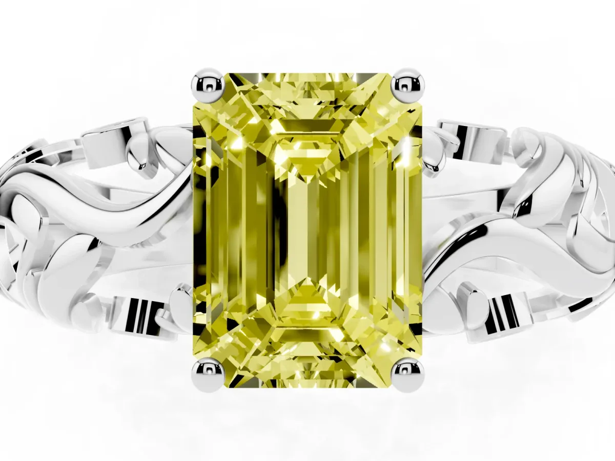 Fancy Yellow Emerald Cut Solitaire Diamond Leaf-Inspired Vine Band Ring with Prong Setting White gold
