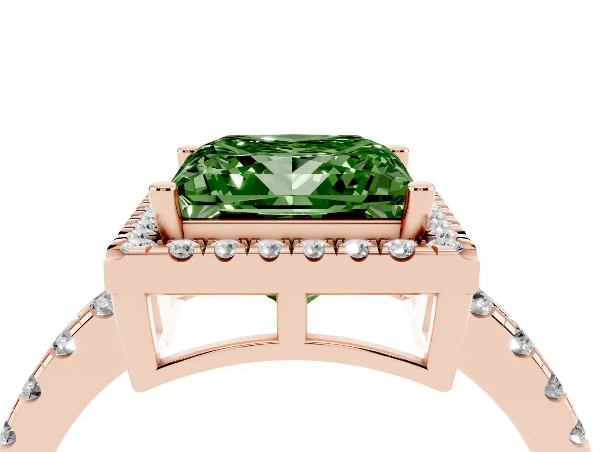 Fancy Green Princess Cut Diamond Halo Ring with Pavé Band and Four-Prong Setting Rose gold