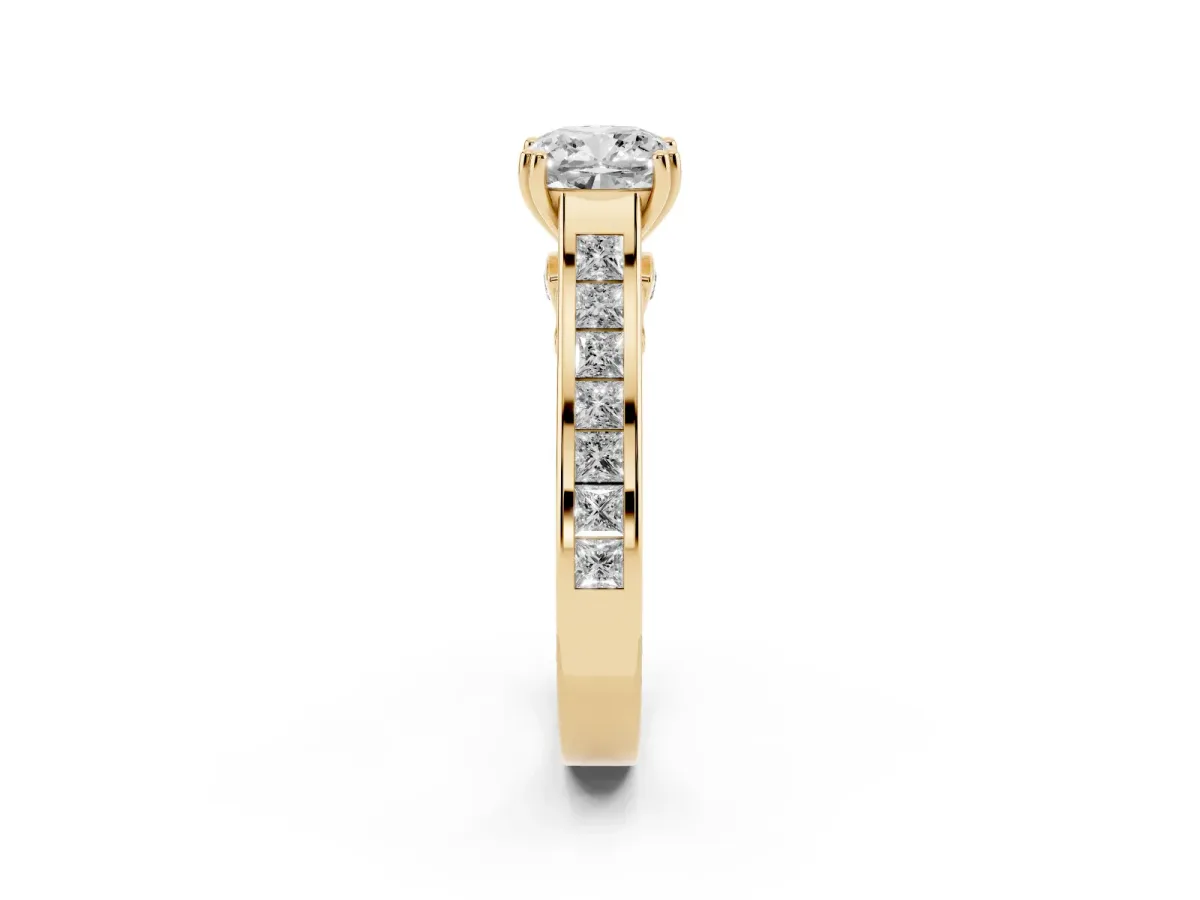 Cushion Cut Cut Channel Set Solitaire Engagement Ring with Prong Setting Yellow gold